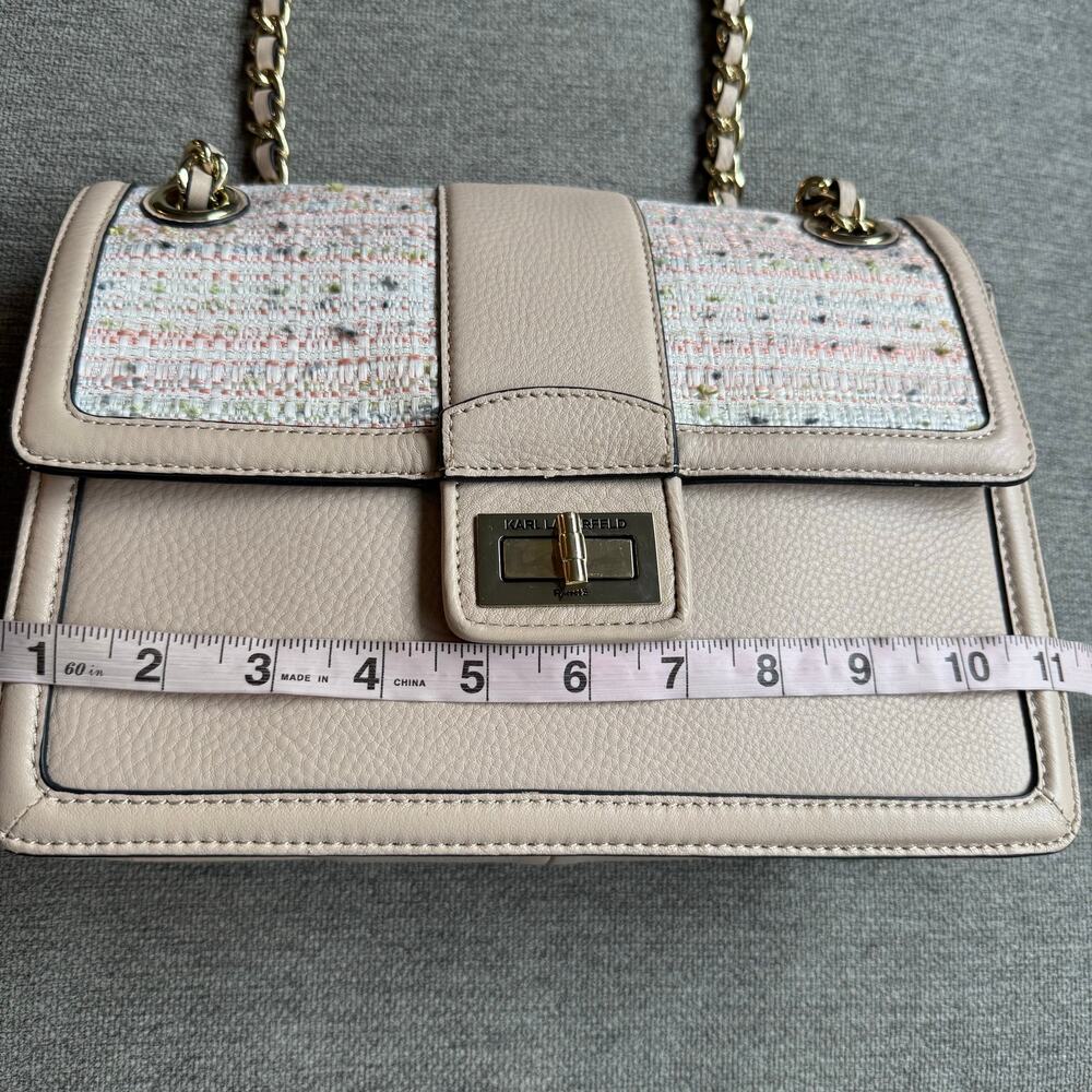 Karl Lagerfeld Beige Tweed Details Shoulder Crossbody Bag Purse - Picture 10 of 12